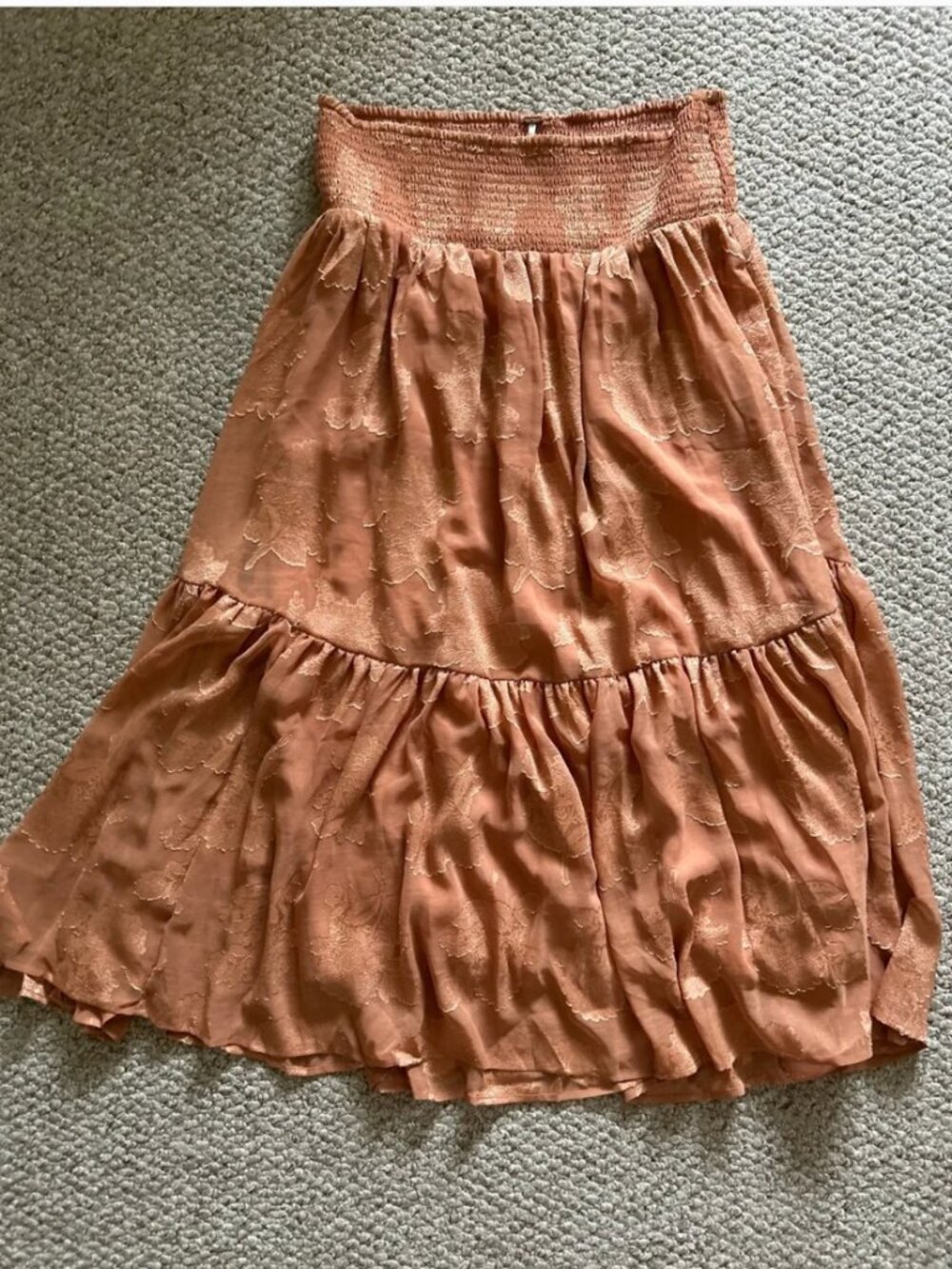 Free People Smocked stretchy Waist Midi Brown Flowy Skirt size L